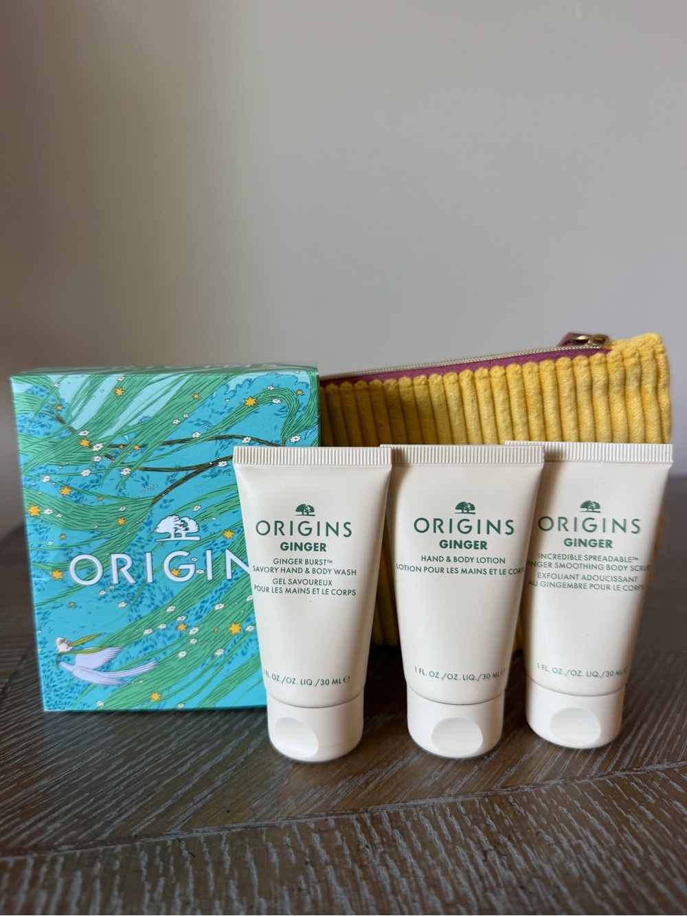 New 4 piece Origins skincare set (lotion, body wash, body scrub Mini Set & bag)